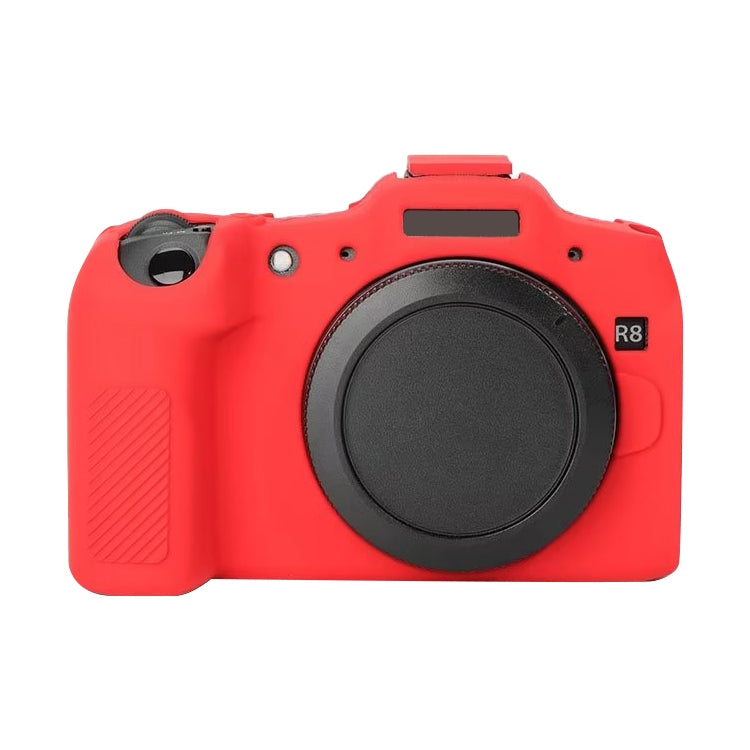 Red soft silicone protective case for Canon EOS R8 camera, showcasing its snug fit and durable design.